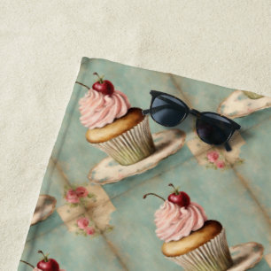 Cottagecore Vintage French Country Pink Cupcake Beach Towel