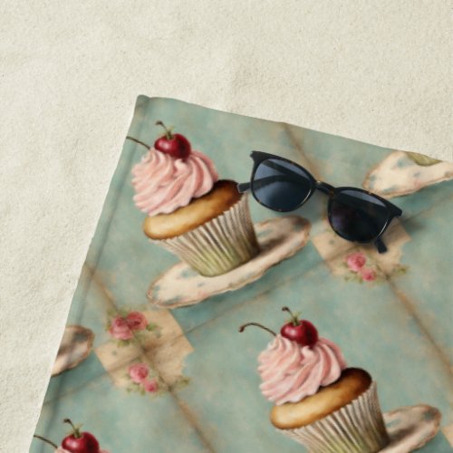 Cottagecore Vintage French Country Pink Cupcake  Beach Towel
