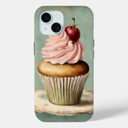 Cottagecore Vintage French Country Pink Cupcake  iPhone 15 Case