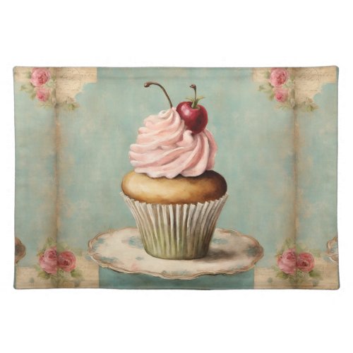Cottagecore Vintage French Country Pink Cupcake  Cloth Placemat
