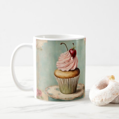 Cottagecore Vintage French Country Pink Cupcake  Coffee Mug