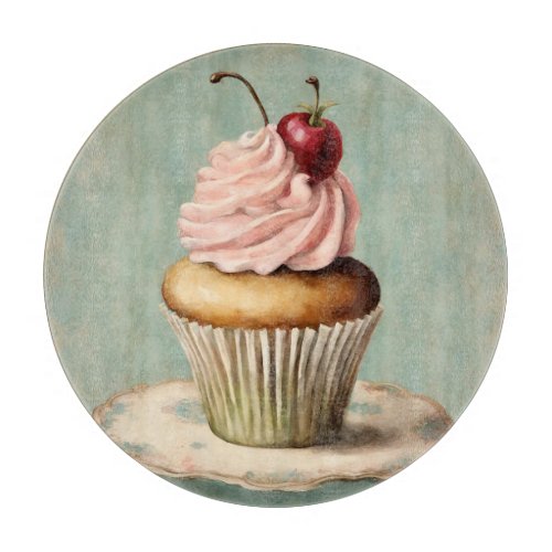 Cottagecore Vintage French Country Pink Cupcake  Cutting Board