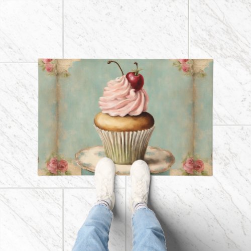 Cottagecore Vintage French Country Pink Cupcake  Doormat