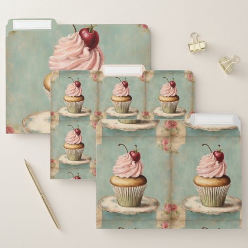 Cottagecore Vintage French Country Pink Cupcake  File Folder