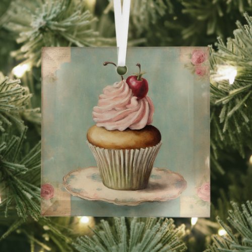 Cottagecore Vintage French Country Pink Cupcake  Glass Ornament