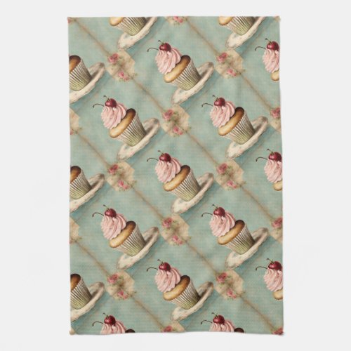 Cottagecore Vintage French Country Pink Cupcake  Kitchen Towel