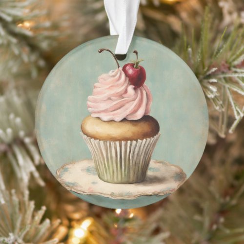 Cottagecore Vintage French Country Pink Cupcake  Ornament