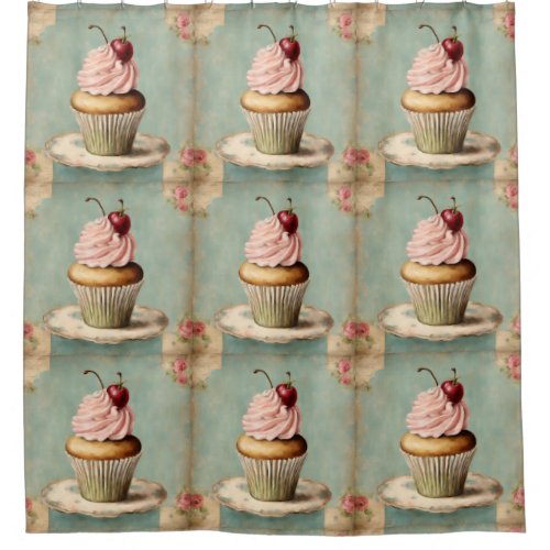 Cottagecore Vintage French Country Pink Cupcake  Shower Curtain