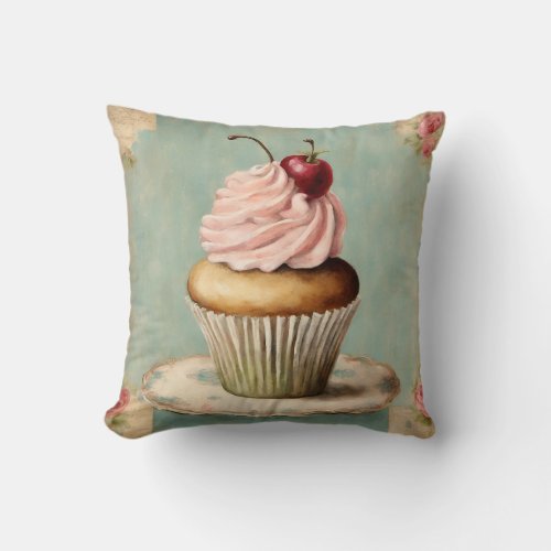 Cottagecore Vintage French Country Pink Cupcake  Throw Pillow
