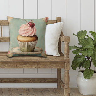 Cottagecore Vintage French Country Pink Cupcake Throw Pillow