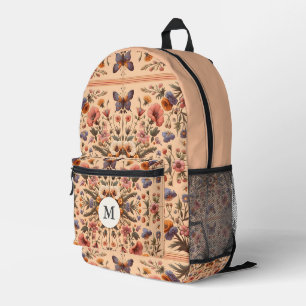 Cottagecore Vintage Wildflowers Peach Monogram Printed Backpack