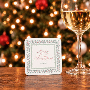 Cottagecore Watercolor Holly Christmas Square Paper Coaster