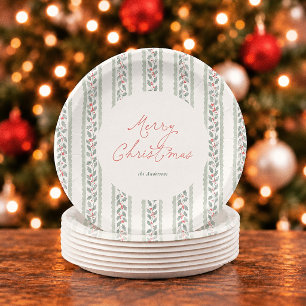 Cottagecore Watercolor Holly Stripe Christmas Paper Plates