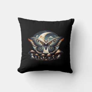 Cottagecore Whimsigoth Moth Mushrooms In Moonlight Throw Pillow
