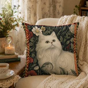 Cottagecore White Cat William Morris Style Throw Pillow