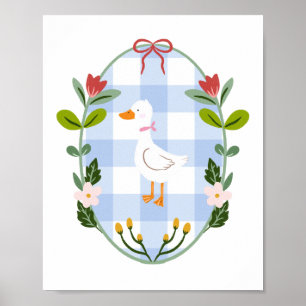 Cottagecore White Duck Illustration - Blue Gingham Poster