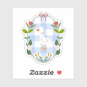 Cottagecore White Duck Illustration - Blue Gingham Sticker