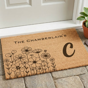 Cottagecore Wildflower Botanical Monogram Home Fiber Doormat