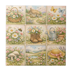 Cottagecore Wildflower Garden Patchwork Ceramic Tile