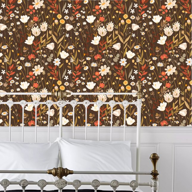 Cottagecore Wildflowers on Brown Wallpaper (Cottagecore Wildflowers on Brown Wallpaper behind a white metal framed bed.)