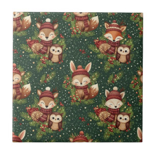 Cottagecore Winter Woodland Animal Pattern Ceramic Tile