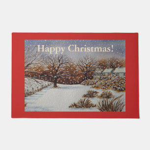 cottages winter landscape snow scene christmas doormat