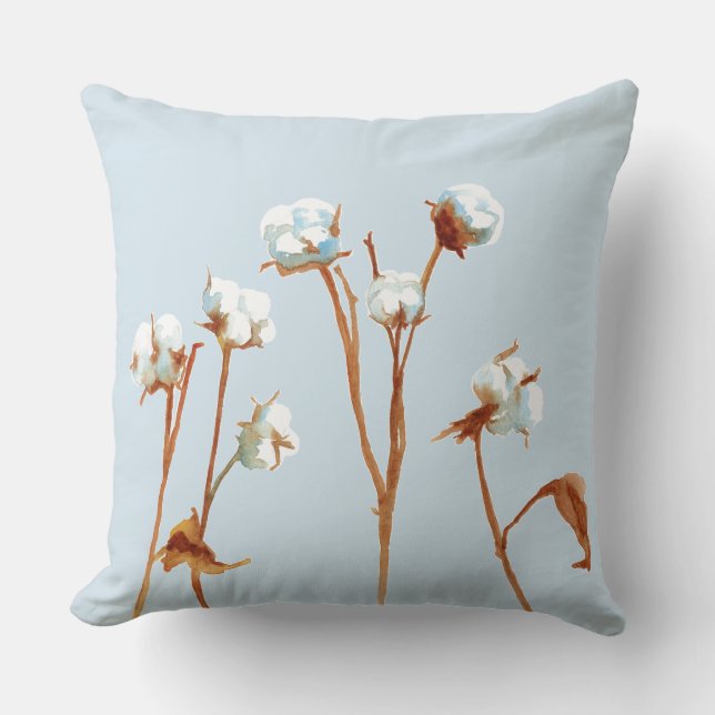 Cotton Boll Plant Watercolor Powder Blue Throw Pillow (Front)