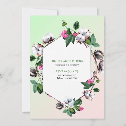 Cotton Bolls Floral Pink Green Wedding Invitation