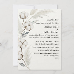 Cotton Bolls, Pampas Grass, Watercolor Foliage, Bo Invitation