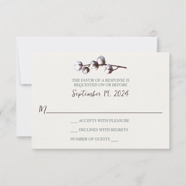 Cotton Branch, Woodgrain Wedding RSVP Card (Front)