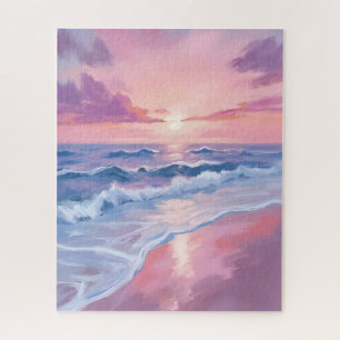 Cotton Candy Beach Pink Ocean Waves Painting Jigsaw Puzzle