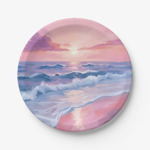 Cotton Candy Beach Pink Ocean Waves Painting Paper Plates