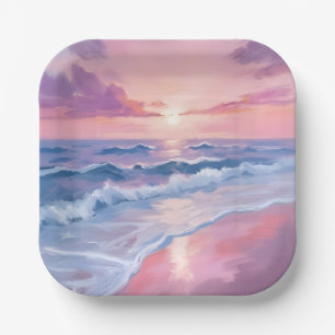 Cotton Candy Beach   Pink Ocean Waves Painting Paper Plates