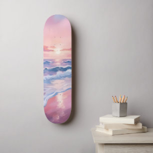 Cotton Candy Beach Pink Ocean Waves Painting Skateboard