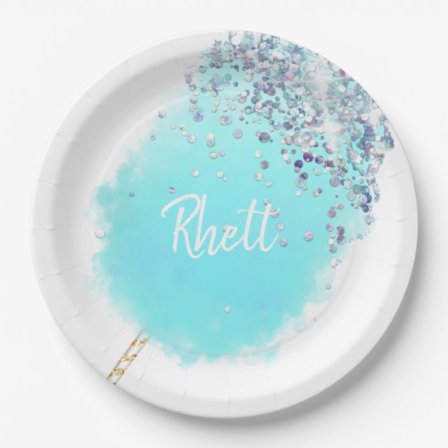 Cotton candy cute blue and silver glitter  paper plates (Front)