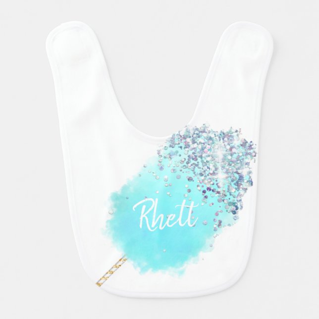 Cotton candy cute blue silver glitter look baby bib (Front)