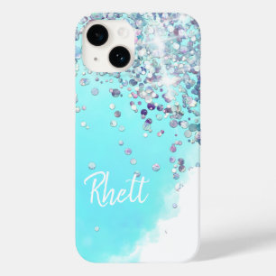 Cotton candy cute blue silver glitter watercolor Case-Mate iPhone 14 case