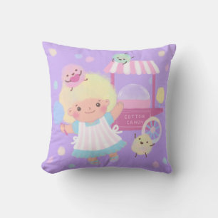 Cotton Candy Girl with Sweet Fluffy Monsters Throw Pillow