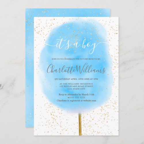 Cotton candy glitter blue watercolor baby shower invitation