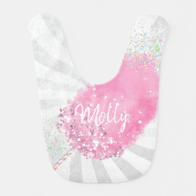 Cotton candy glitter cute pink girly silver stripe baby bib (Front)