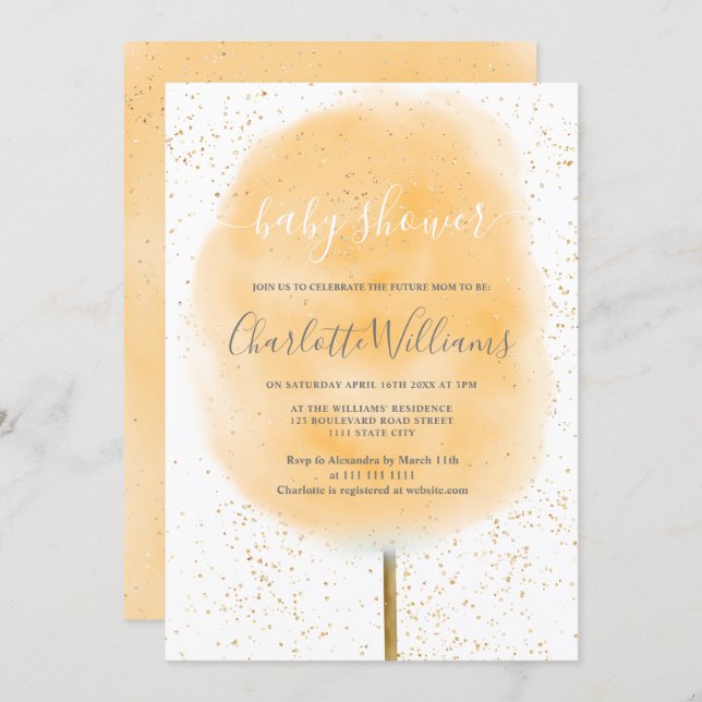 Cotton candy glitter yellow watercolor baby shower invitation (Front/Back)