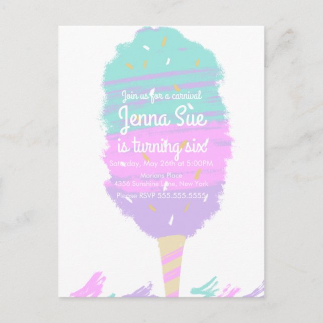 Cotton Candy Hand Drawn Carnival Birthday Postcard (Front)