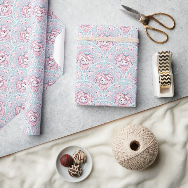 Cotton Candy Kawaii Bunny Mandala Art Deco Scallop Wrapping Paper (Crafts)