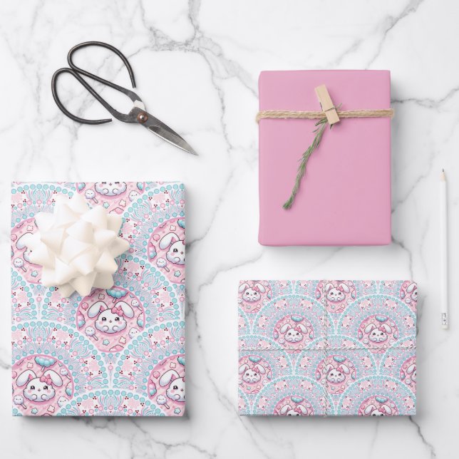 Cotton Candy Kawaii Bunny Mandala Art Deco Scallop Wrapping Paper Sheets (Front)