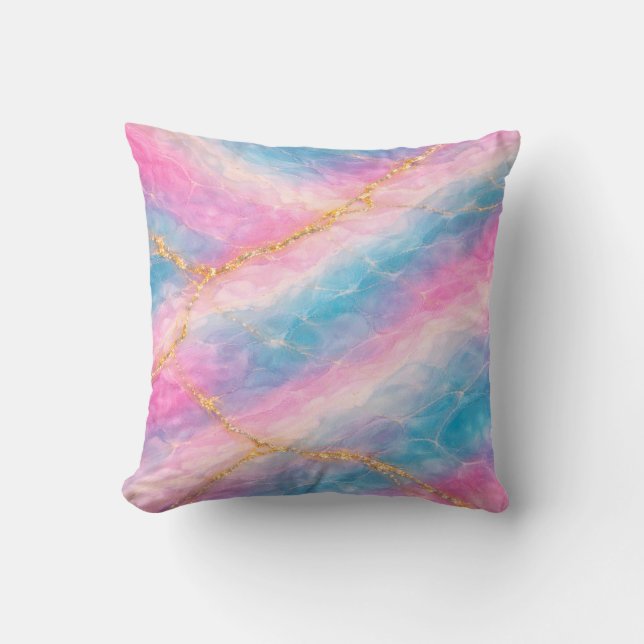 Cotton Candy Marble with Gold Veining Throw Pillow (Front)