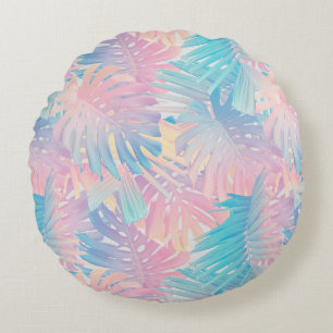Cotton Candy Monstera Palm Jungle 1 Round Pillow