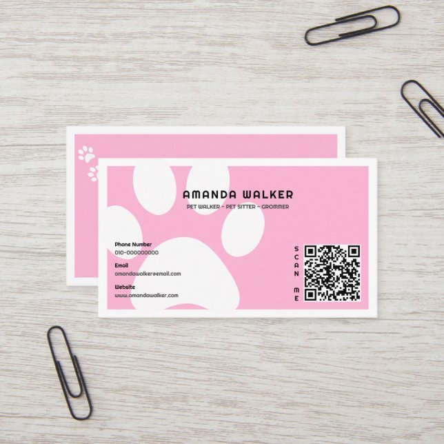 Cotton Candy Pawprints QR Code Pet Sitter Walking Business Card (Front/Back In Situ)