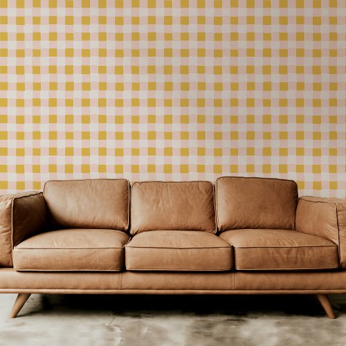 Cotton Candy Pink and Gold Checkered Plaid Wallpaper