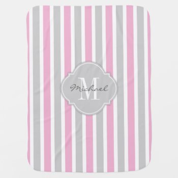 Cotton Candy Pink And Gray Stripes With Monogram Receiving Blanket by eatlovepray at Zazzle