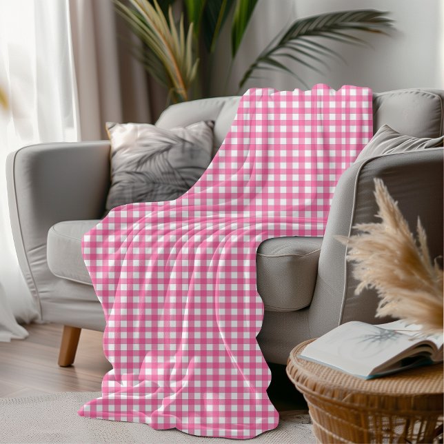 Cotton Candy Pink and White Gingham Checkered Cozy Fleece Blanket (Creator Uploaded)